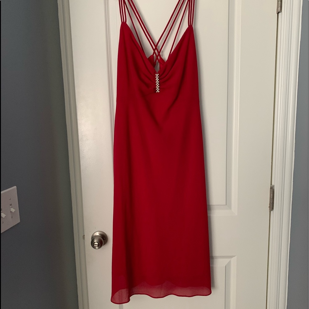 Oynx Nite red mid length dress with shaw. Worn once size 22.
